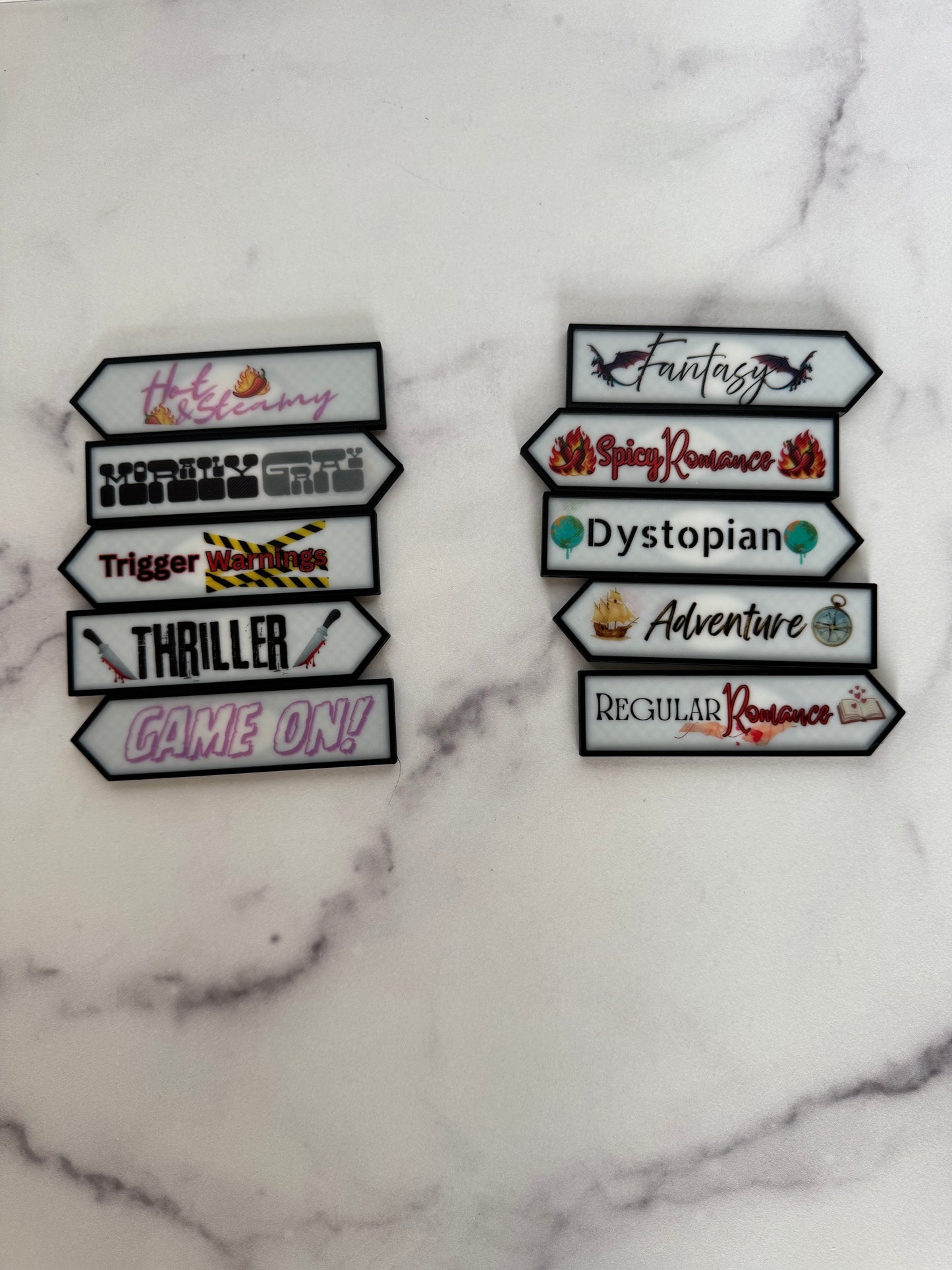 3D Printed Bookshelf Sign Sets with Magnetic Post | Genre + Vibe Book Signs