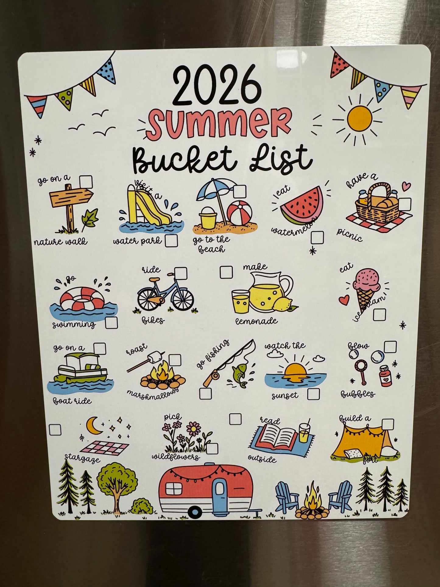 Reusable Summer Bucket List Metal Board | Hand‑Drawn Illustrations | Dry Erase | Personalized