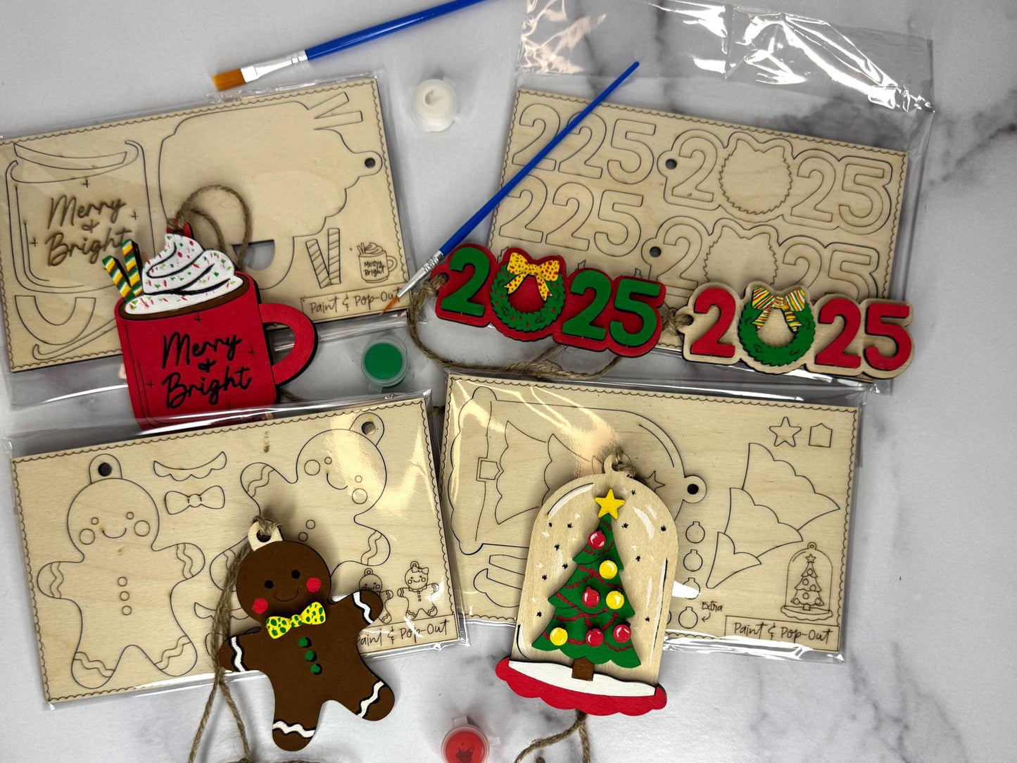 Paint & Pop Out Ornament Kit – DIY Holiday Craft Set with 4 Design Options | Family Activity or Gift | Includes Paints and Brushes